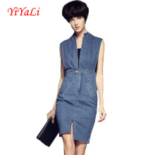 Women Summer Slim Sleeveless Stand Collar Denim Dress